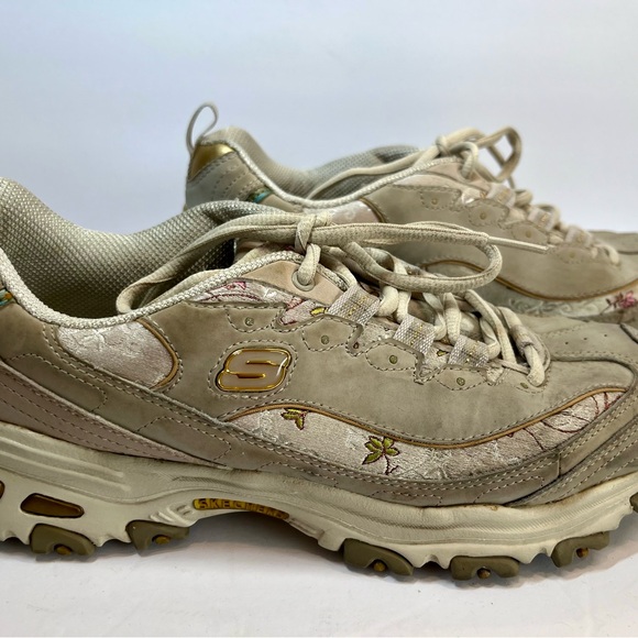Skechers Sneakers Tan and Cream with Pink Flowers Trimmed in Gold Size 9 - Picture 6 of 13